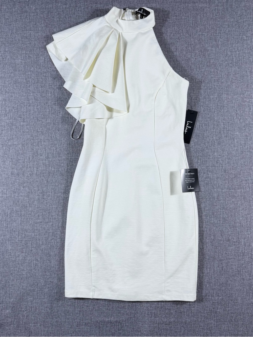 Lulu's Ivory One-Shoulder Ruffle Sheath Dress